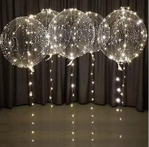 Svieťiaci LED balón priehladný s bielym teplým svetlom